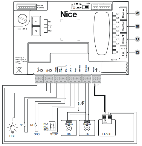 Štandardná schéma zapojenia pohonu NICE Robus RBS400 s riadiacou jednotkou Nice MCU1